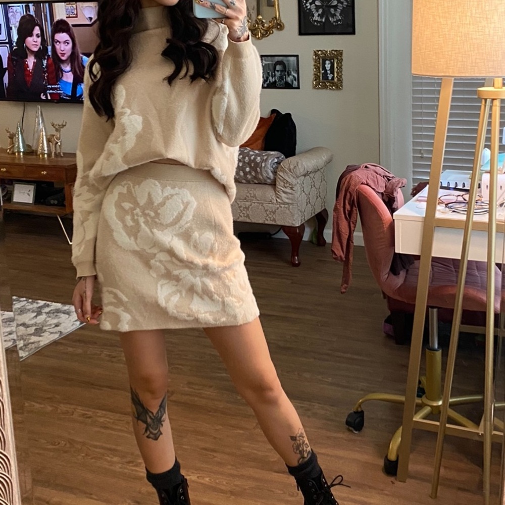 Anthropologie Cream Floral Sweater and Skirt Set